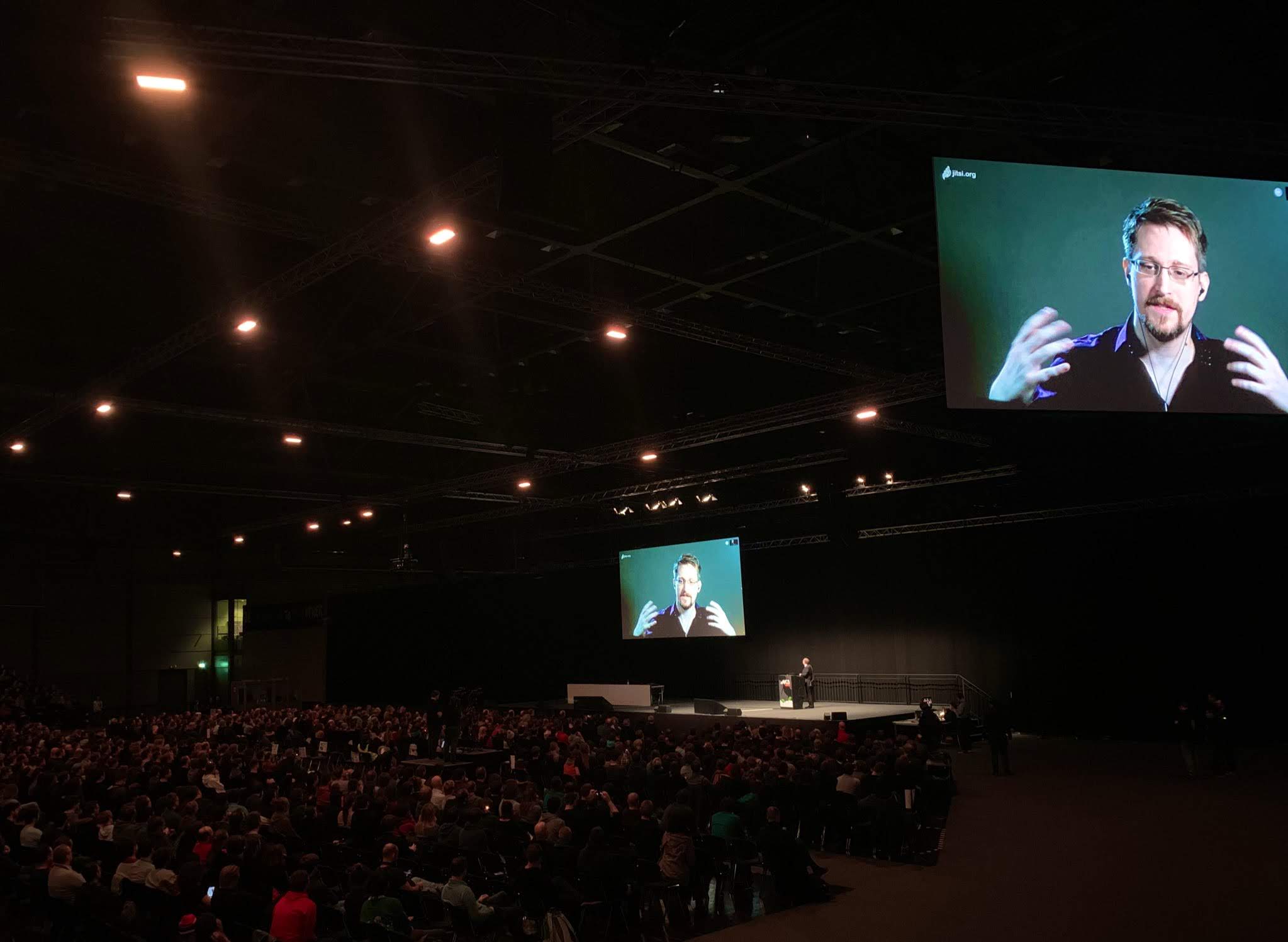 Edward Snowden talking at the 36C3 conference